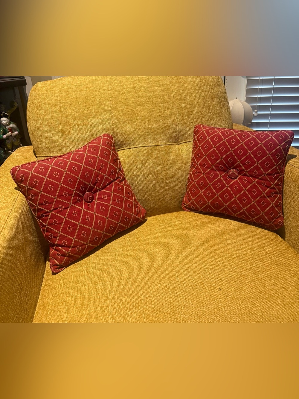 Set of 2 Vintage Dakotah Red Diamond Button Tufted Throw Pillows Square